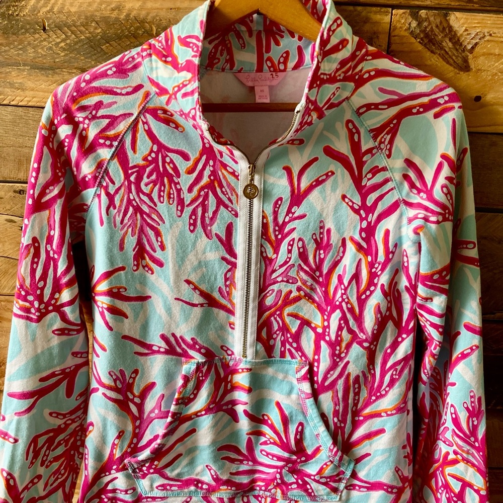 Lilly Pulitzer Pink and Aqua Coral Print 3/4 zip pull over